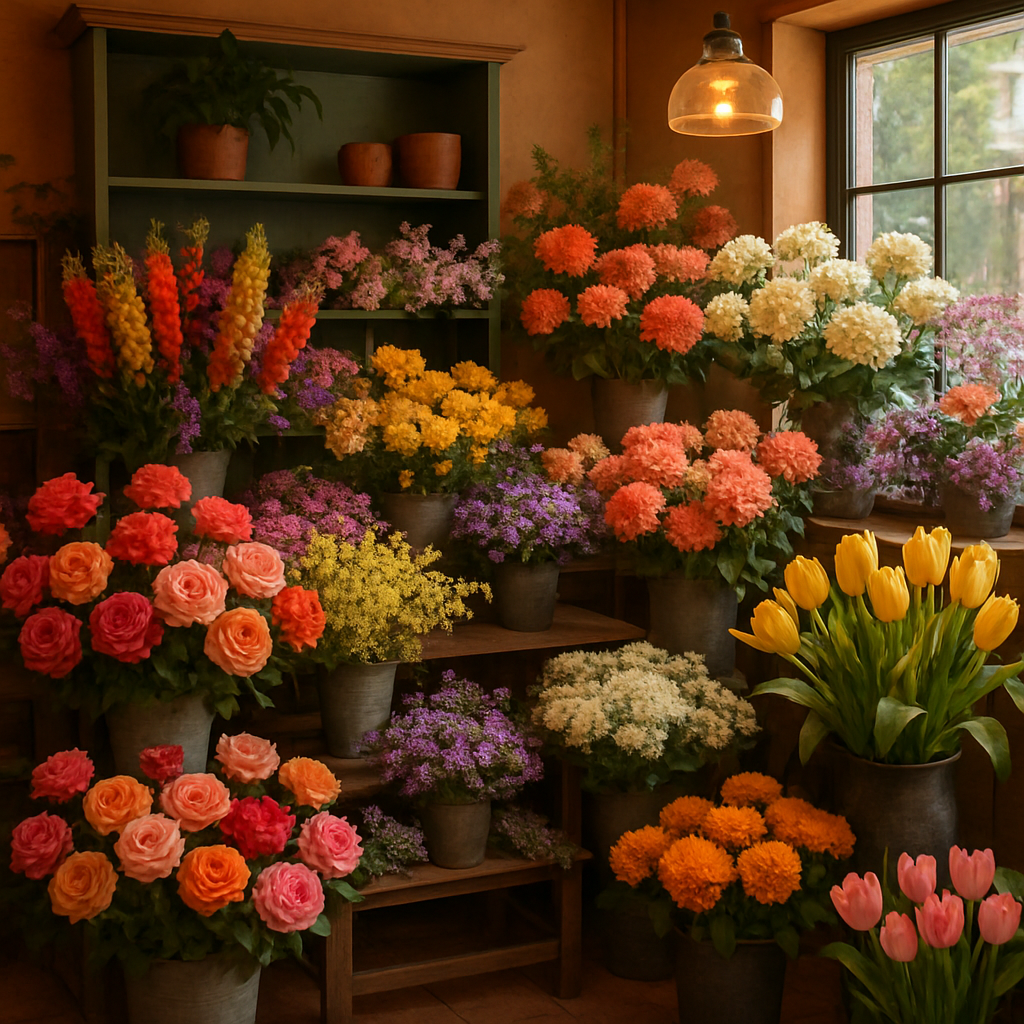 A vibrant flower shop with various fresh flowers